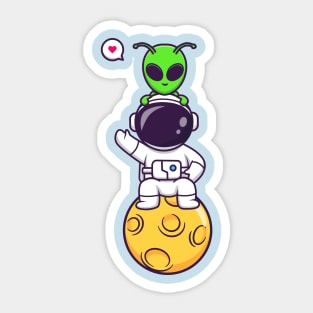 Cute Astronaut Siting On Moon With Alien Cartoon Sticker